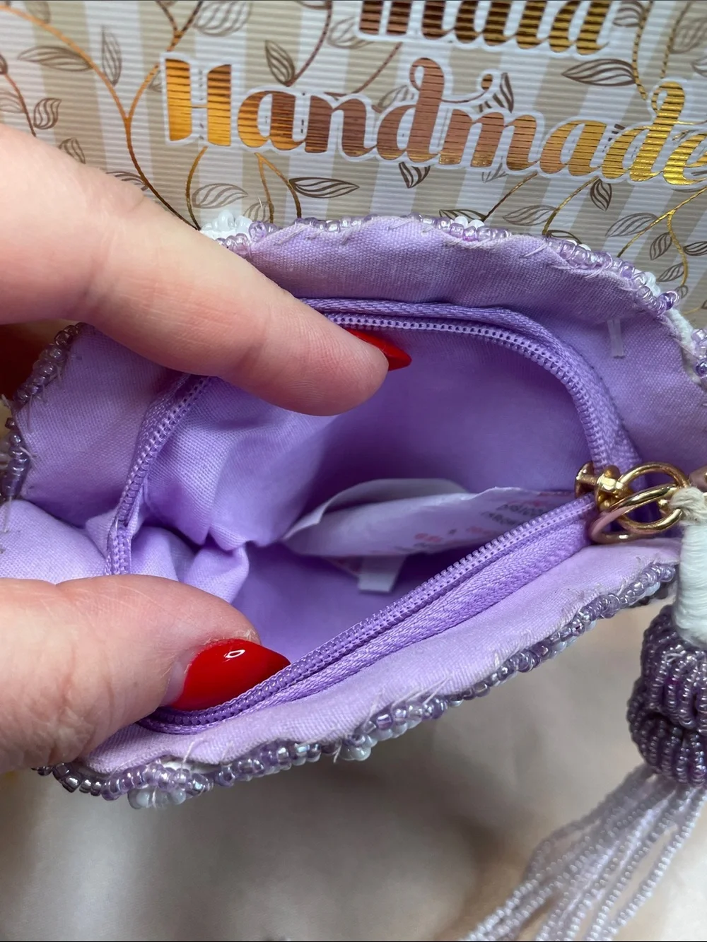 Handmade Beaded Shell Coin Purse - Lavender & White - NWT